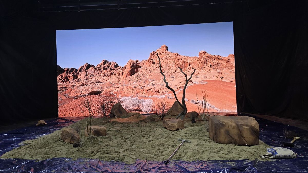 Digital LED backdrop wall displaying a landscape scene